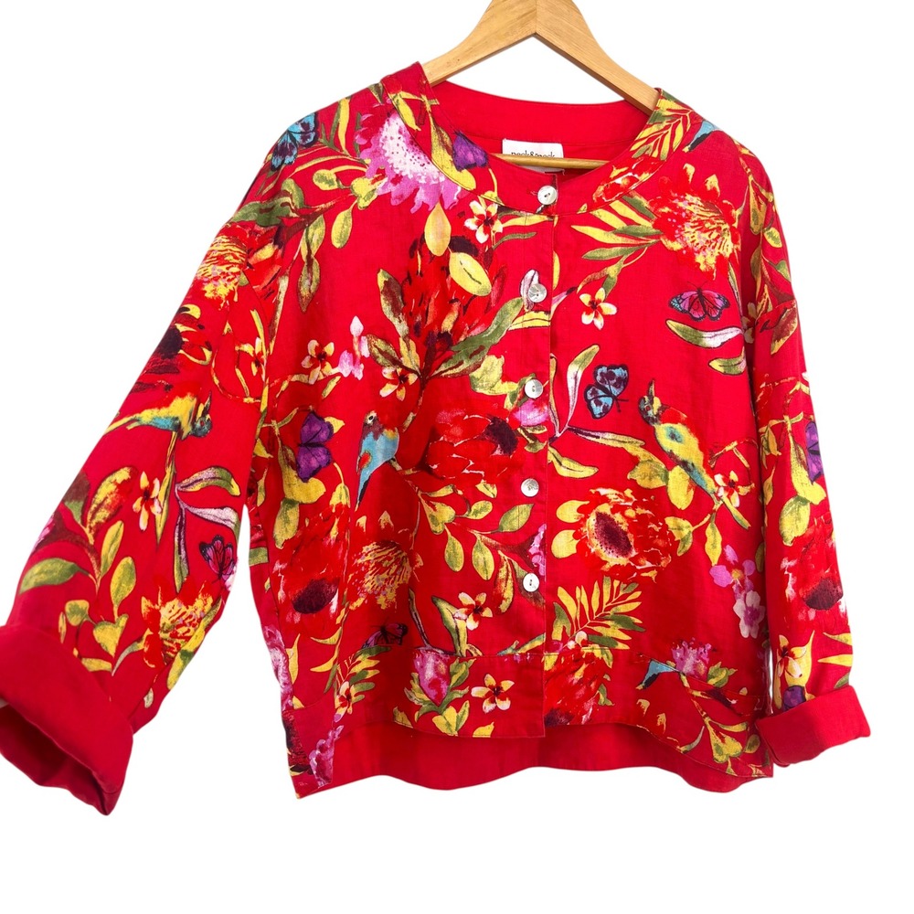 NWT Peck & Peck Reversible 100% Linen Jacket Red Floral Tropical Size L Boxy - Picture 3 of 11
